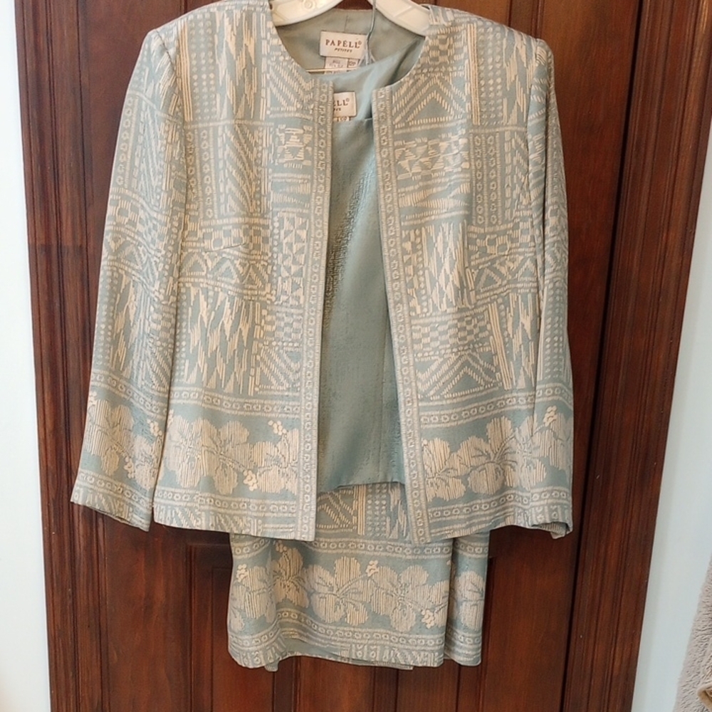 Papell Boutique Light Blue Silk Jacket and Skirt Set